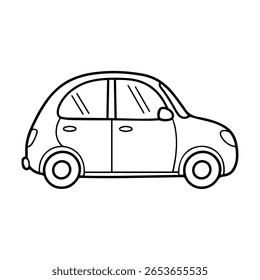 Desenhado à mão bonito preto e branco perfil esboço ilustração de um carro compacto arredondado com rodas simples e detalhes mínimos sobre fundo branco