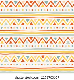 Hand-drawn cute boho seamless pattern. Folk geometric background for kids and children. Vector illustration