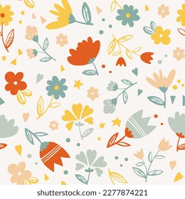 Hand-drawn cute boho seamless pattern. Folk background with flowers for kids and children. Vector illustration