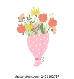 Handdrawn cute bouquet in paper with dots with tulips, leaves, daisy. Vector illustration isolated on white. 