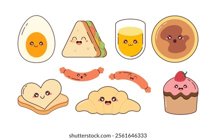 Hand-Drawn Cute Breakfast Food Collection. Kawaii Food Character Concept for Stickers, Cards, Decorations, and Others 