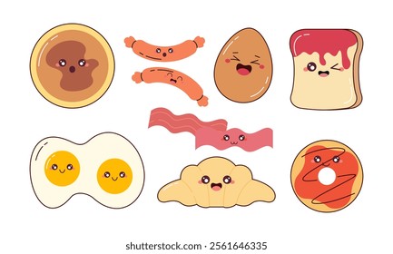 Hand-Drawn Cute Breakfast Food Collection. Kawaii Food Character Concept for Stickers, Cards, Decorations, and Others 