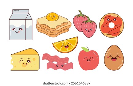 Hand-Drawn Cute Breakfast Food Collection. Kawaii Food Character Concept for Stickers, Cards, Decorations, and Others 