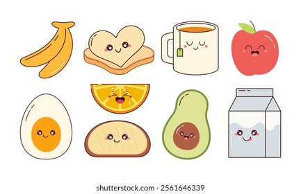 Hand-Drawn Cute Breakfast Food Collection. Kawaii Food Character Concept for Stickers, Cards, Decorations, and Others 