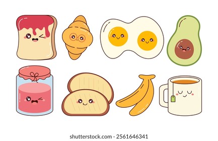 Hand-Drawn Cute Breakfast Food Collection. Kawaii Food Character Concept for Stickers, Cards, Decorations, and Others 