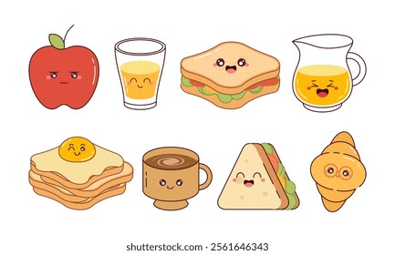 Hand-Drawn Cute Breakfast Food Collection. Kawaii Food Character Concept for Stickers, Cards, Decorations, and Others 