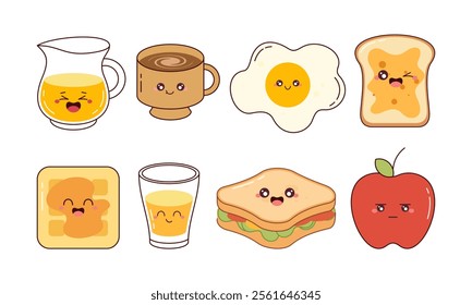 Hand-Drawn Cute Breakfast Food Collection. Kawaii Food Character Concept for Stickers, Cards, Decorations, and Others 