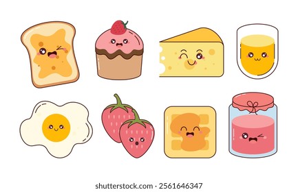 Hand-Drawn Cute Breakfast Food Collection. Kawaii Food Character Concept for Stickers, Cards, Decorations, and Others 