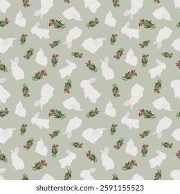 Hand-drawn Cute bunnies. Floral background vector seamless, Small rabbit pattern Kids print.
