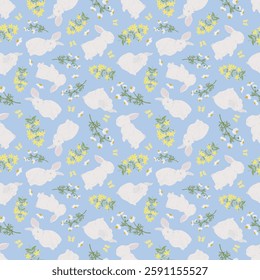 Hand-drawn Cute bunnies. Floral background vector seamless, Small rabbit pattern Kids print.