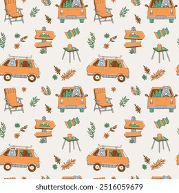 Dibujado a mano lindo Camper Van Bear patrón de Vector sin fisuras por Sansroom
