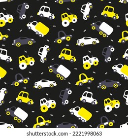 Hand-drawn cute cars pattern on black background. Contrasting yellow, gray, white transport in style of children's doodle. Tractor, sports car for stain resistant seamless fabric print of kids jacket.