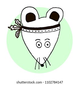 Hand-drawn cute cartoon character. Vector illustration with the head of a mouse for baby textile, design posters, and surface design