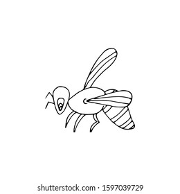 Hand-drawn Cute Cartoon Wasp. Bee Drawn Black Outline Thin Line on White Background. Vector Stock Illustration - Vector Graphic.