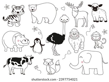Hand-Drawn Cute Cartoonish Animals Vector Illustration Set Isolated On A White Background. 
