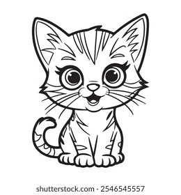 Hand-Drawn Cute Cat Coloring Page Design, Smiling Cartoon Cat Illustration in Black and White
