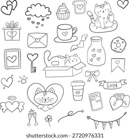 Desenhado à mão bonito gato doodle set, amor e ícone do coração