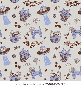 Hand-drawn Cute Cat In Outer Space Seamless Vector Pattern by Sansroom