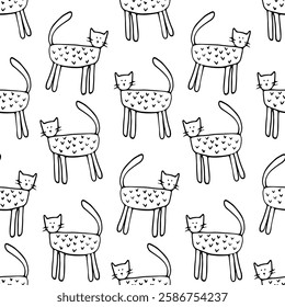 Hand-Drawn Cute Cat Pattern - Playful Minimalist Line Art Illustration of Whimsical Feline Sketches on White Background