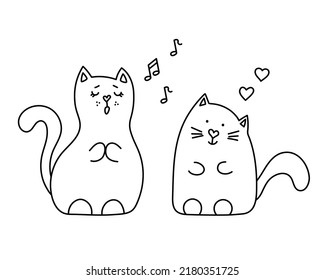 Hand-drawn cute cats in love. Kitties boy and girl. doodle style. Romantic simple sketch for coloring book. Editable stroke. Isolated. Vector illustration