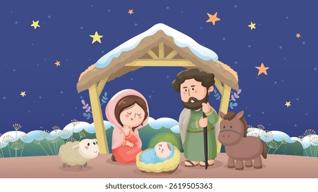 Hand-drawn cute Christmas nativity illustration with Baby Jesus, Mary in red, Joseph in green, a sheep, a horse, a manger with straw roof, plants, and a deep blue starry sky