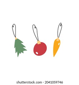 Hand-drawn cute Christmas tree toys. Various decorative holiday attributes. Vector colorful illustration on an isolated white background. The concept of the new year.