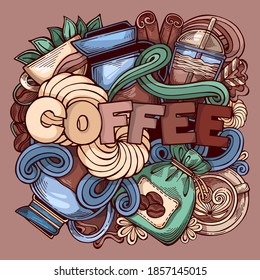 Hand-drawn cute coffee illustration. Colorful, detailed. Original image with isolated objects. Creative vector background