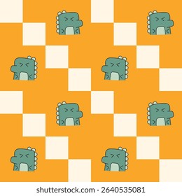 Hand-drawn cute dinosaur on an orange background. Seamless pattern is animal for clothing, fabric, wallpaper, backdrop, home decoration, cover book, and wall art. 