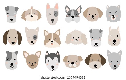 Hand-drawn cute dog faces in different breeds and styles. Flat dog face vector set. Adorabe and minimal dog faces vector.