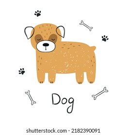 Hand-drawn cute dog. Kid's poster in cartoon style. Vector illustration