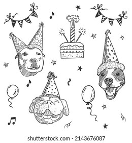 Hand-drawn cute dog wearing party hat with balloons cake vector illustrations