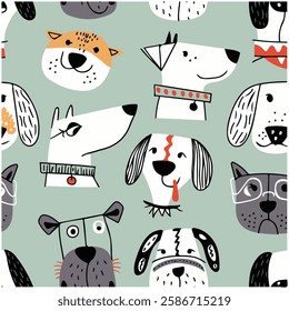 Hand-Drawn Cute Dogs and Bones Seamless Pattern Mint