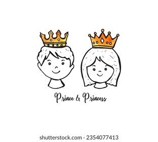 Handgezeichnet süße doodle Cartoon von Prinz und Prinzessin Kopf mit Kronen. Aquarellfarbenkrone. Adorable, süße Linie, Malerei, Prinz und Prinzessin, Vektorgrafik einzeln auf weißem Hintergrund