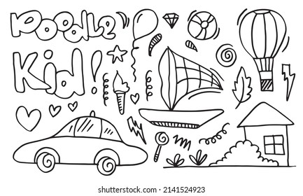hand-drawn cute doodle set on white background. doodle design elements.doodle kids for decoration and coloring page.