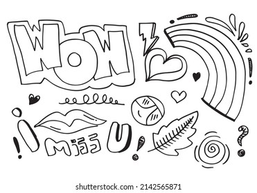 hand-drawn cute doodle set on white background. doodle design elements.doodle kids for decoration and coloring page.