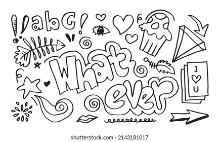 hand-drawn cute doodle set on white background. doodle design elements.doodle kids for decoration and coloring page.