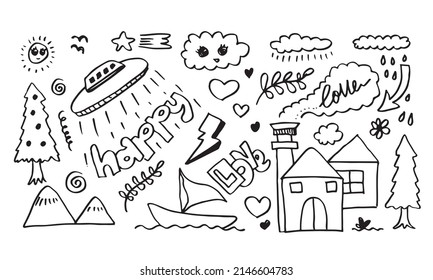 un lindo doodle dibujado a mano sobre fondo blanco. elementos de diseño de doodle.niños doodle para la decoración y página de color.