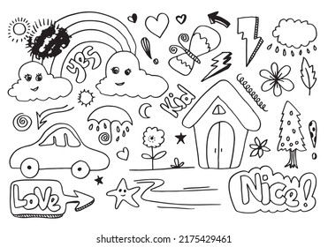hand-drawn cute doodle set on white background. doodle design elements.doodle kids for decoration and coloring page.