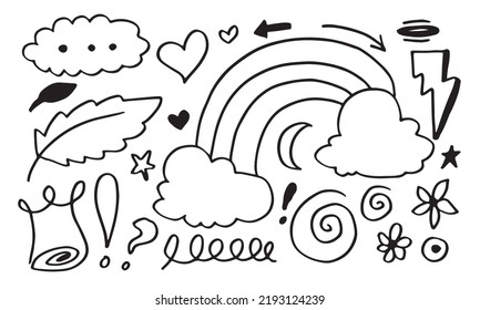 hand-drawn cute doodle set on white background. doodle design elements.doodle kids for decoration and coloring page.