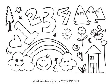 hand-drawn cute doodle set on white background. doodle design elements.doodle kids for decoration and coloring page.