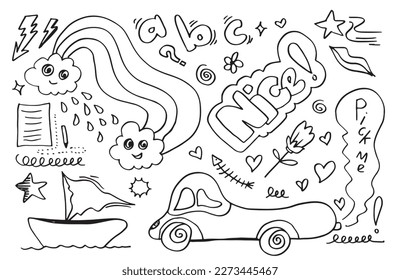hand-drawn cute doodle set on white background. doodle design elements.doodle kids for decoration and coloring page.