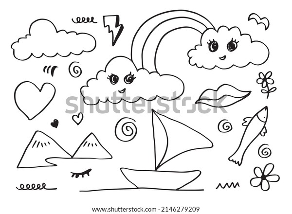 hand-drawn cute\
doodle set on white background. doodle design elements.doodle kids\
for decoration and coloring\
page.