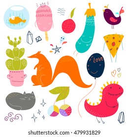 Hand-drawn cute doodle set. Vector illustration