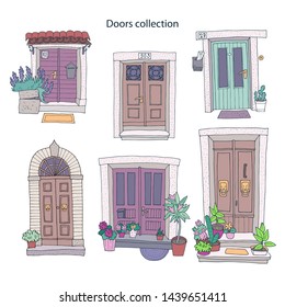 Hand-drawn cute doors collection on white background