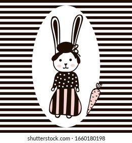 Hand-drawn cute female hare in clothes and a carrot in an oval shape on a black and white striped background. Template for postcard, poster, banner, baby clothes, t-shirts, nursery design etc. Vector.