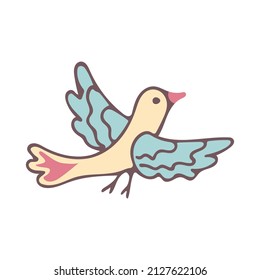 Hand-drawn cute flat bird. Vector illustration isolated on white background.