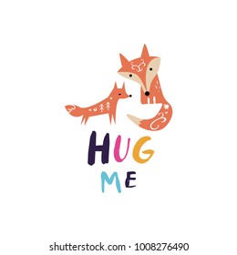 Handdrawn cute foxes card, sign. Decor elements, cute animal.