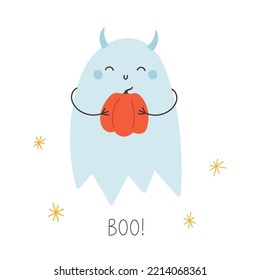 hand-drawn cute ghost with a pumpkin vector illustration Halloween