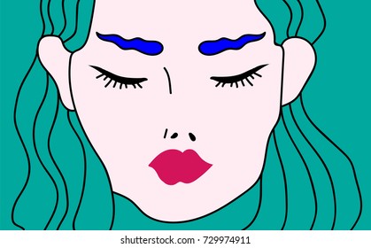 Hand-drawn cute girl on the green background