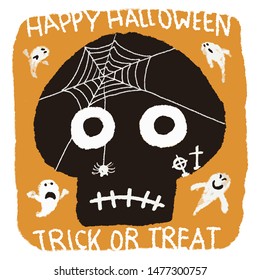 Hand-drawn cute Halloween illustration, skull, ghost, spider and spider web